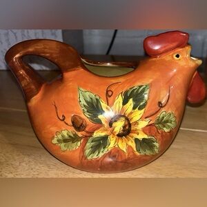 Beautiful Orange Rooster Tea Pot Hand Painted ,Retired Design, Sunflower themed